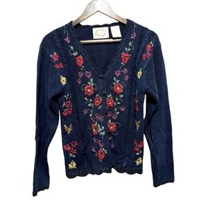 Erika Vintage Sweater Womens S Blue Floral Embroidered Grandma Cottage Button